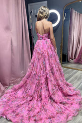 A-Line Sweetheart Floral Printed Tulle Prom Dress with Slit
